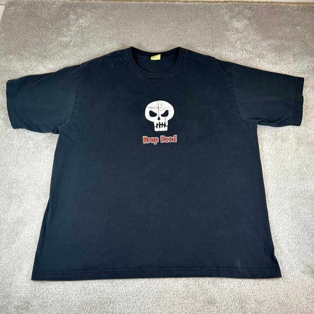 Vintage Y2K Drop‎ Dead Skull T-Shirt Mens XL Black Skateboard Tee Skeleton Rare
